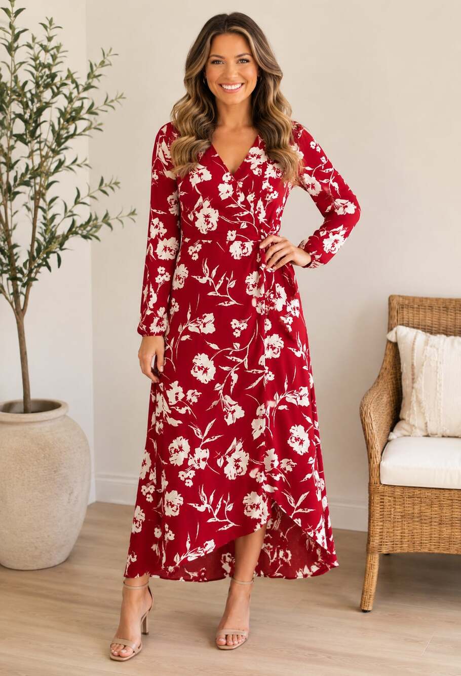 LUSH Red Floral Faux Wrap Midi Dress Long Sleeve Lined Women’s Size Small